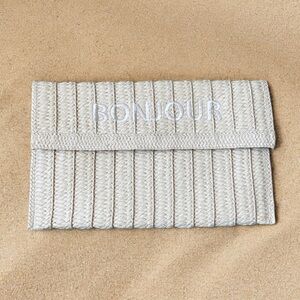 Neiman Marcus Cream Clutch with 'Bonjour' Embroidery